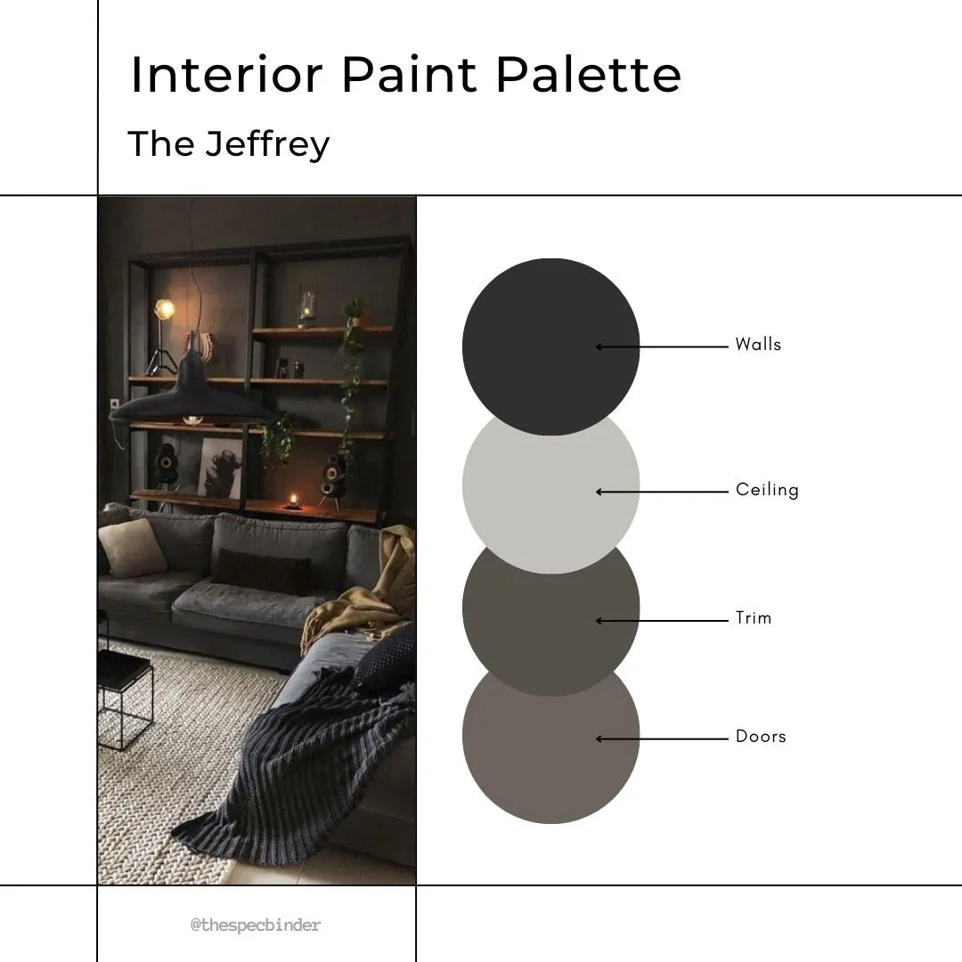 The Jeffrey cover image with sample paint colors and reference photos to reflect the look and feel of this paint palette. This design is Dark, Moody, Edgy, and Modern