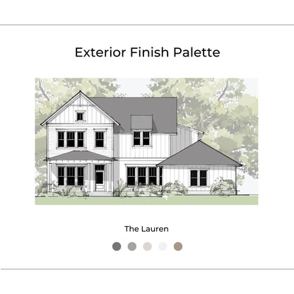The Lauren Exterior cover page with inspiration photos, renderings, materials, and design elements. The Lauren is Soft, Bright, Simple, and Versatile