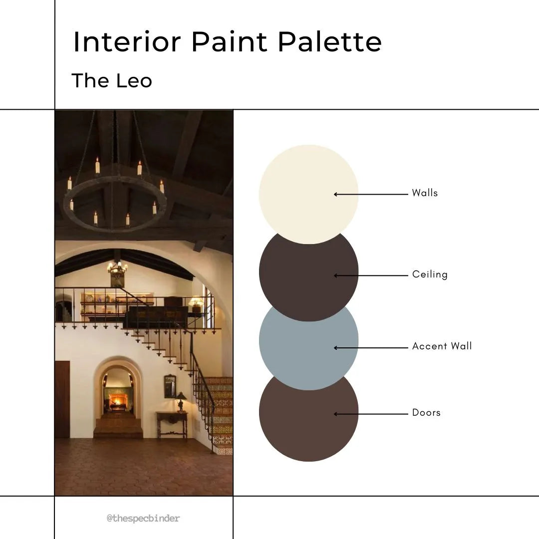 The Leo cover image with sample paint colors and reference photos to reflect the look and feel of this paint palette. This design is Rustic , Warm, Edgy, and Classic