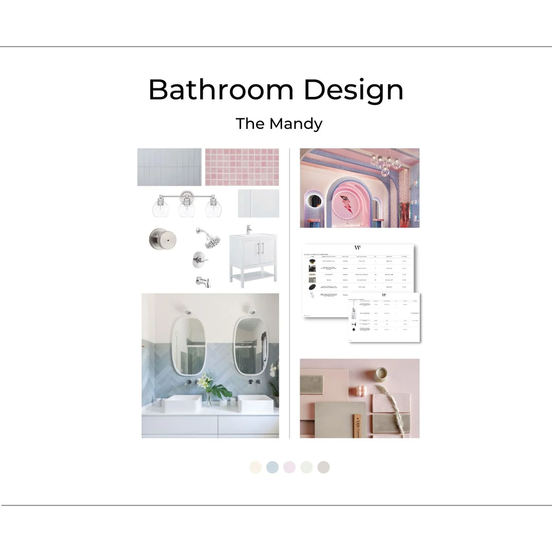 The Mandy cover image with sample paint colors and reference photos to reflect the look and feel of this bathroom design. This design is Bright, Creative, Playful, and Bold