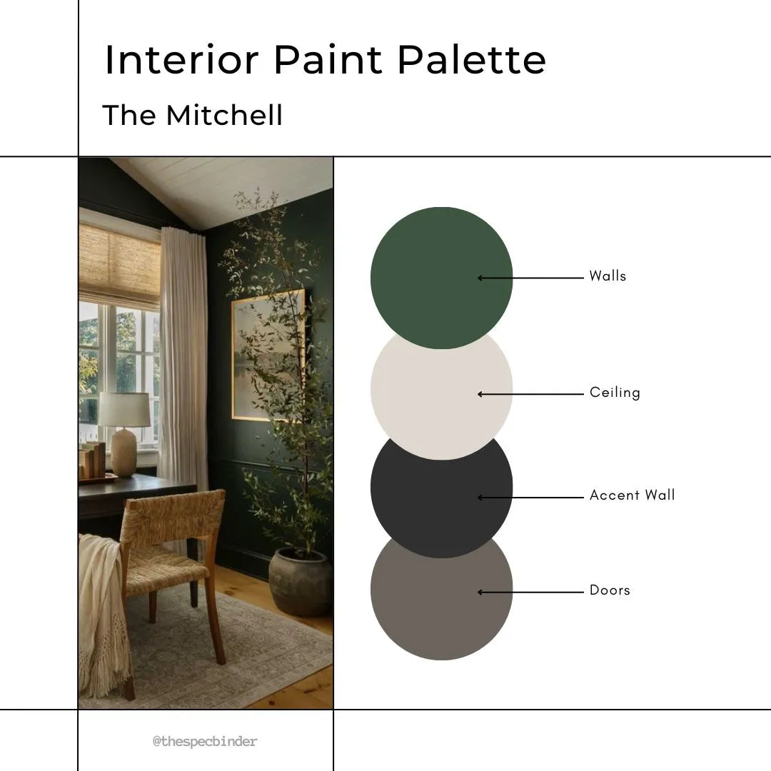 The Mitchell cover image with sample paint colors and reference photos to reflect the look and feel of this paint palette. This design is Dark, Moody, Smart, and Stylish