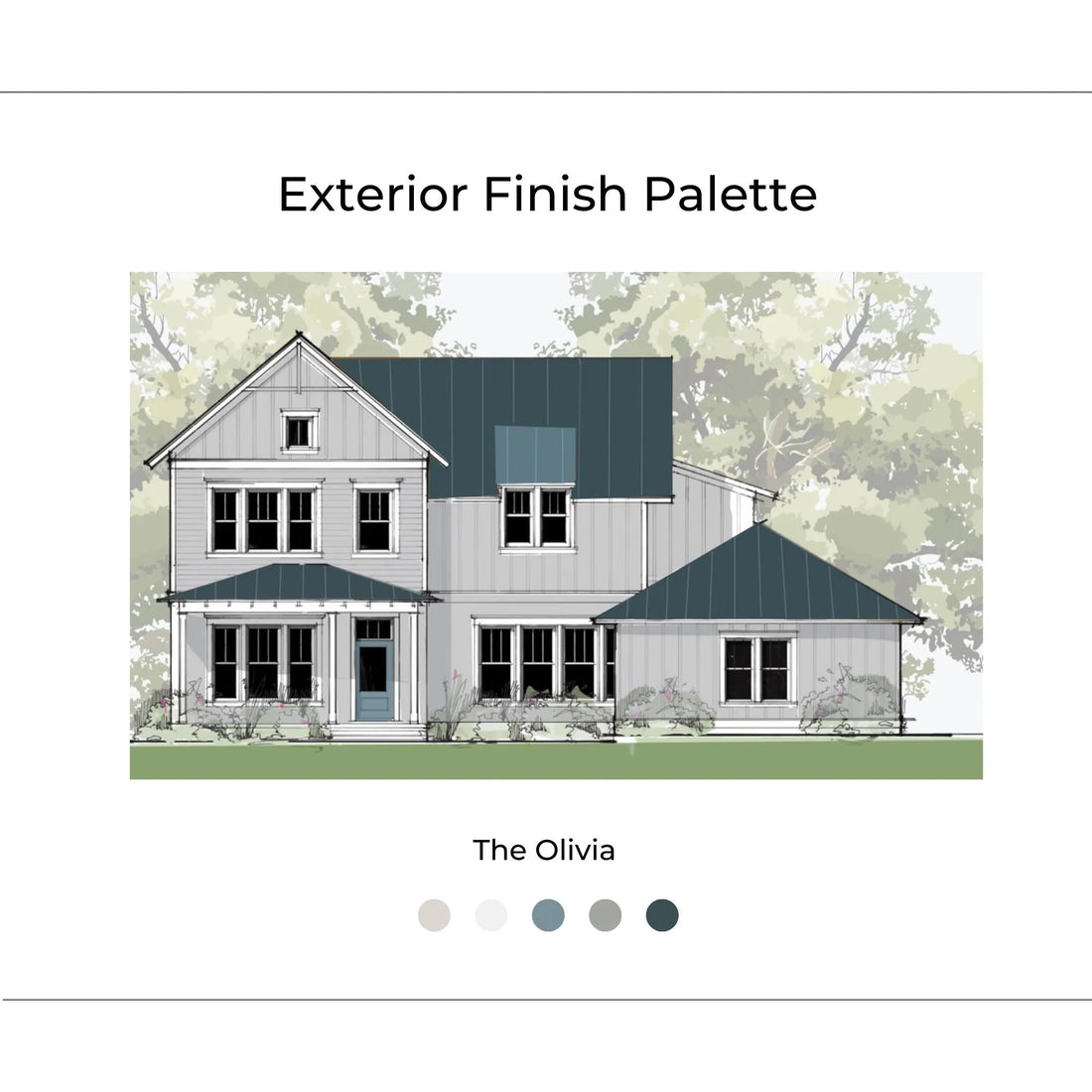 The Olivia Exterior cover page with inspiration photos, renderings, materials, and design elements. The Olivia is Light, Simple, Traditional, and Versatile