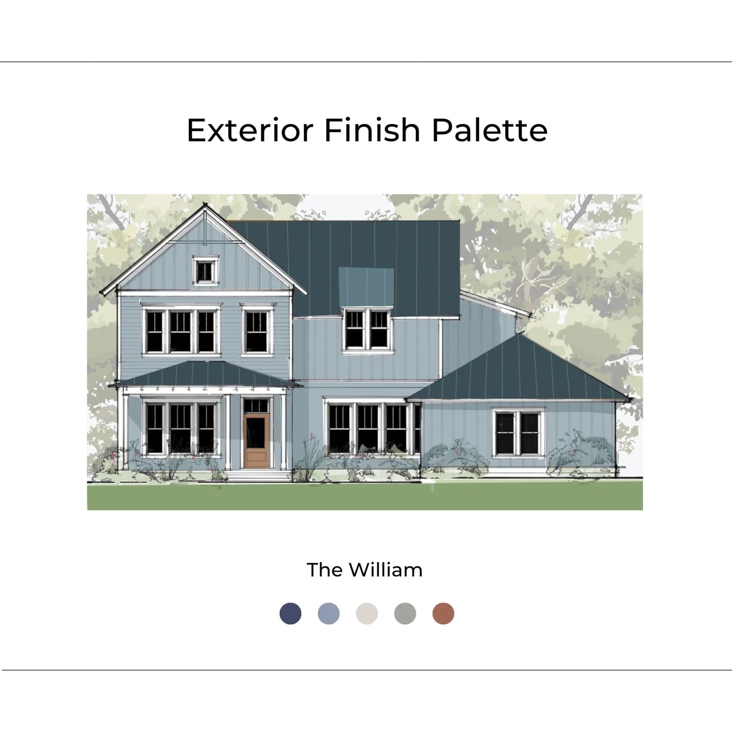 The William Exterior cover page with inspiration photos, renderings, materials, and design elements. The William is Timeless, Classic, Rustic, and Soft