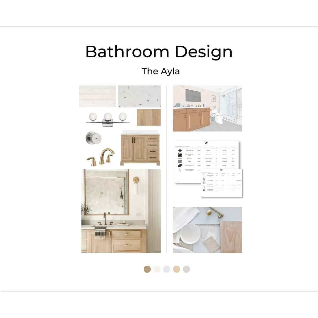 The Ayla cover image with sample paint colors and reference photos to reflect the look and feel of this bathroom design. This design is Light, Soft, Warm, and Timeless