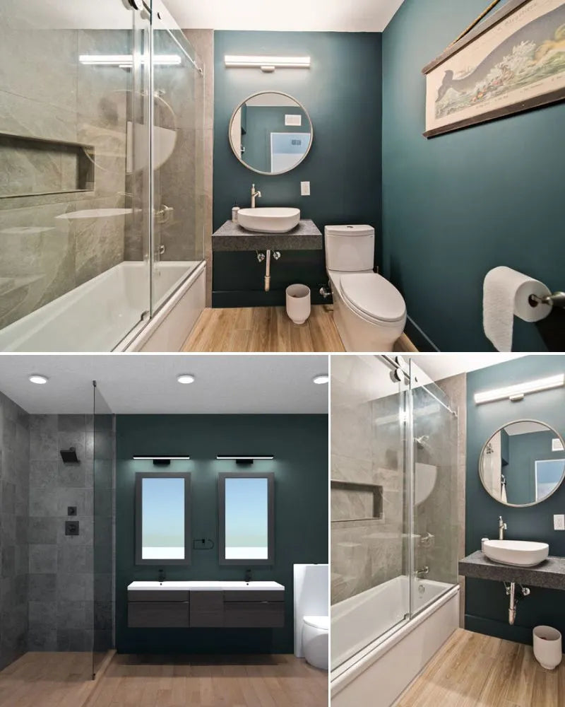 See photos of The Daniel Full Bath paint and trim colors in different spaces, including bathrooms, bedrooms, living rooms, and ktichens. This design is Sleek, Dark, Cool, and Modern. These reference photos give you an idea of what the wall paint and trim color combinations can look like in your space.