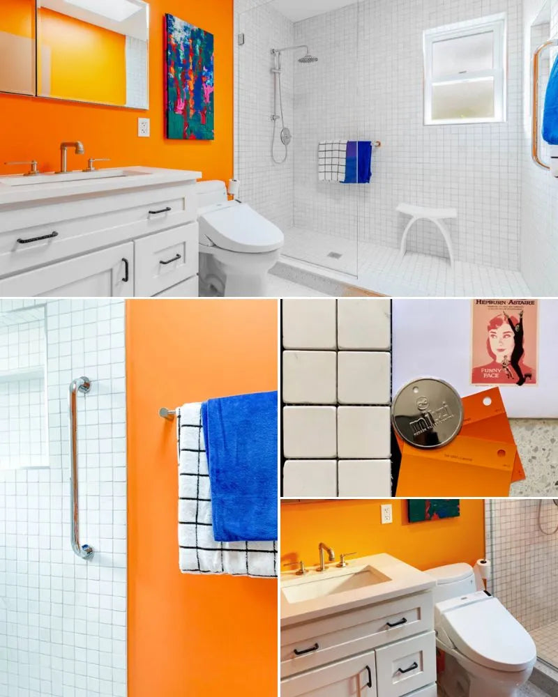 See photos of The Jake Full Bath paint and trim colors in different spaces, including bathrooms, bedrooms, living rooms, and ktichens. This design is Bright, Bold, Eclectic, and Unique. These reference photos give you an idea of what the wall paint and trim color combinations can look like in your space.