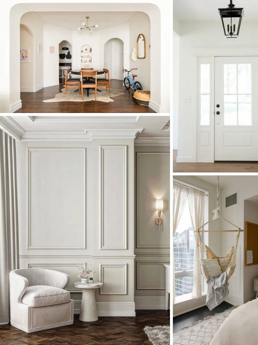 See photos of The Faye paint and trim colors in different spaces, including bathrooms, bedrooms, living rooms, and ktichens. This design is Clean, Calm, Cool , and Light. These reference photos give you an idea of what the wall paint and trim color combinations can look like in your space.