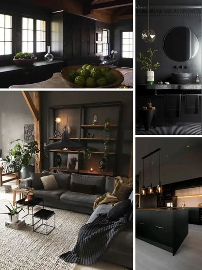See photos of The Jeffrey paint and trim colors in different spaces, including bathrooms, bedrooms, living rooms, and ktichens. This design is Dark, Moody, Edgy, and Modern. These reference photos give you an idea of what the wall paint and trim color combinations can look like in your space.