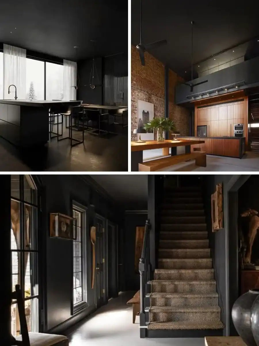 See photos of The Jeffrey paint and trim colors in different spaces, including bathrooms, bedrooms, living rooms, and ktichens. This design is Dark, Moody, Edgy, and Modern. These reference photos give you an idea of what the wall paint and trim color combinations can look like in your space.
