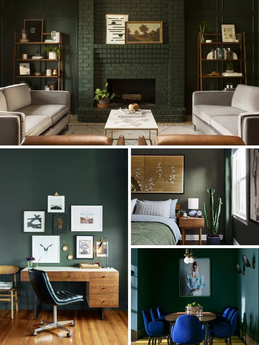 See photos of The Mitchell paint and trim colors in different spaces, including bathrooms, bedrooms, living rooms, and ktichens. This design is Dark, Moody, Smart, and Stylish. These reference photos give you an idea of what the wall paint and trim color combinations can look like in your space.