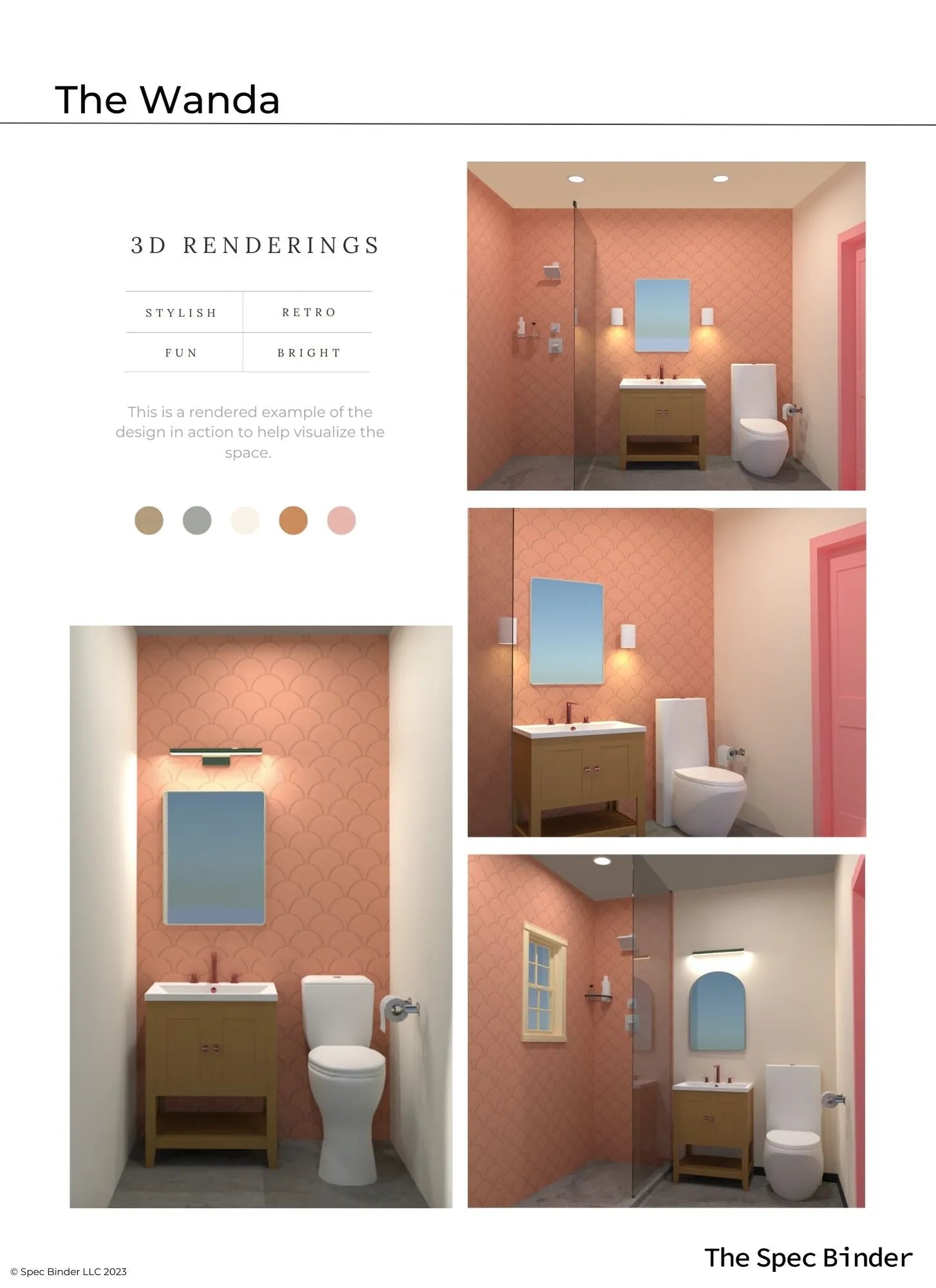 See photos of The Wanda paint colors in different spaces.The Wanda Full Bath reference images, paint samples, color swatches, and design elements. The Wanda bathroom design is Stylish, Retro, Fun, and Bright. The Wanda room design includes 3D renderings, mood boards, color and finish palettes, paint schedules, tile schedules, design brief, product selections, an editable budget document, and a link for one-on-one phone support with our team of professional interior designers.