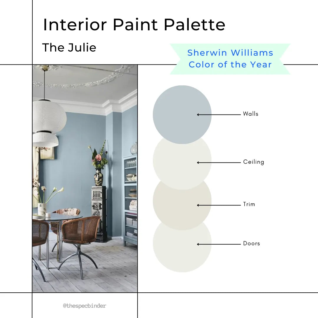 The Julie cover image with sample paint colors and reference photos to reflect the look and feel of this paint palette. This design is Light, Calm, Soft, and Timeless