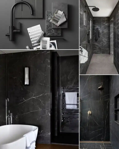 See photos of The Thomas Full Bath paint and trim colors in different spaces, including bathrooms, bedrooms, living rooms, and ktichens. This design is Warm, Dark, Sharp, and Modern. These reference photos give you an idea of what the wall paint and trim color combinations can look like in your space.