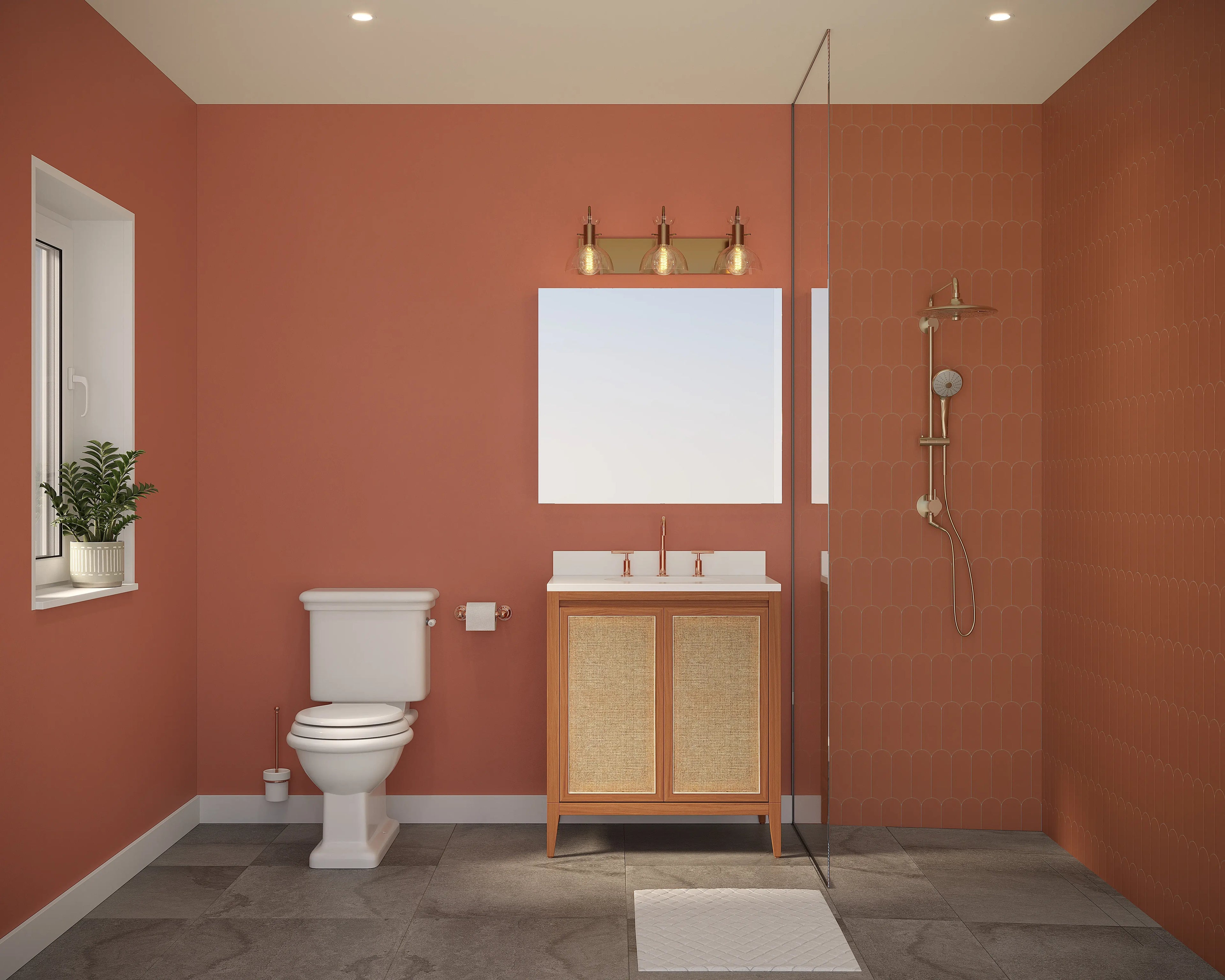 See photos of The Wanda Full Bath paint and trim colors in different spaces, including bathrooms, bedrooms, living rooms, and ktichens. This design is Stylish, Retro, Fun, and Bright. These reference photos give you an idea of what the wall paint and trim color combinations can look like in your space.