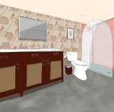 The Wanda Full Bath illustration and reference photo. The Wanda is Stylish, Retro, Fun, and Bright. Featuring an accent wall wallpaper