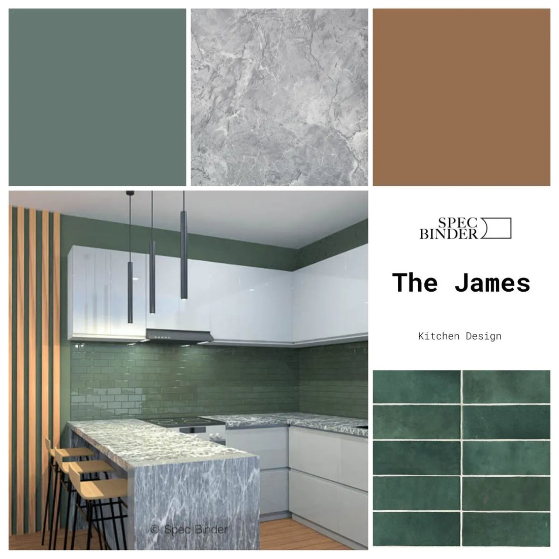 The James kitchen design cover page with inspiration photos, renderings, materials, and design elements. The James is dark, luxe, minimal, and modern.