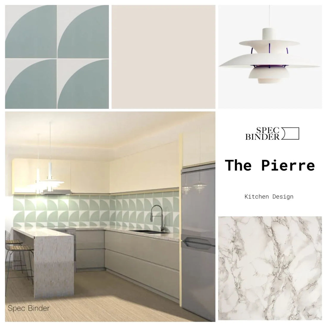 The Pierre Kitchen cover page with inspiration photos, renderings, materials, and design elements. The Pierre is Mod, Fresh, Light, and Neutral