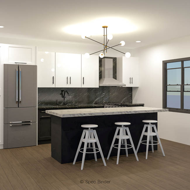 3d rendering for The Bruce kitchen design. The bruce is minimal, sleek, clearn and modern