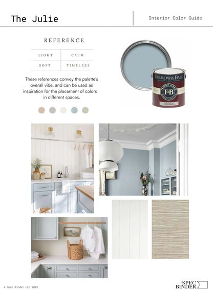 See photos of The Julie paint colors in different spaces.The Julie Color Palette reference images, paint samples, color swatches, and design elements. The Julie color guide is Light, Calm, Soft, and Timeless. The Julie 
