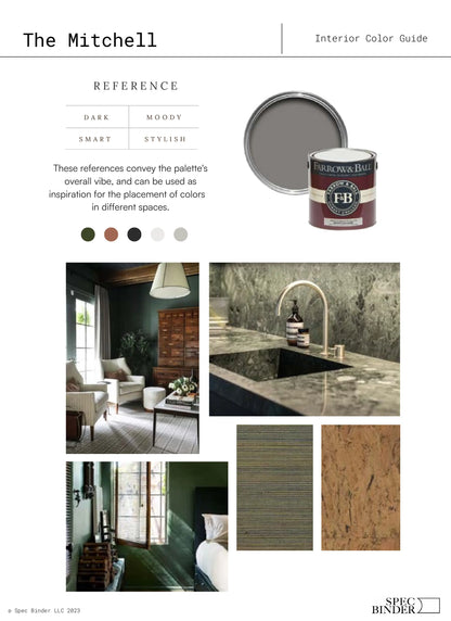 See photos of The Mitchell paint colors in different spaces.The Mitchell Color Palette reference images, paint samples, color swatches, and design elements. The Mitchell color guide is Dark, Moody, Smart, and Stylish. The Mitchell 